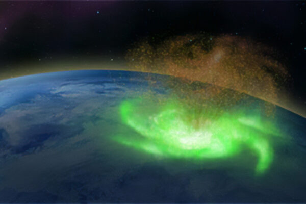 illustration of a green cyclone-shaped aurora near Earth