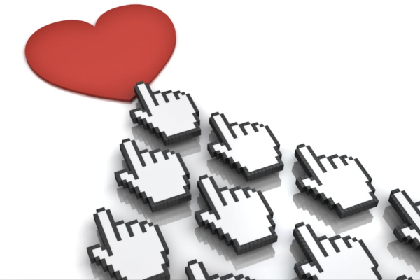 A digital illustration showing a series of computer cursors pointing towards a cartoon heart