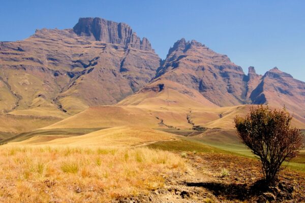 Brown mountains stand in the background, with golden grass covered foothills in the foreground.