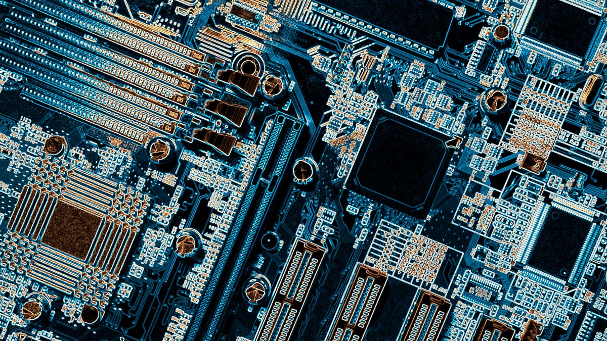 Computer circuit board with micro-chips, transistors and resistors.