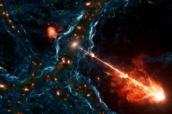 An artist's illustration of Porphyrion shows the gigantic jet stretching across the tendrils of the cosmic web.