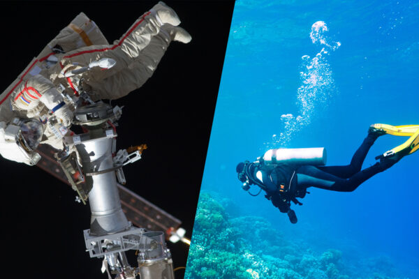 two images: an astronaut on a spacewalk and a scuba diver