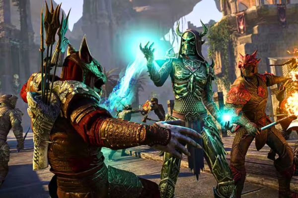 Two people wearing armor battling in ESO battlegrounds