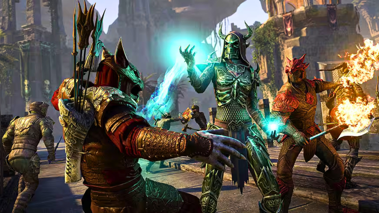 Two people wearing armor battling in ESO battlegrounds