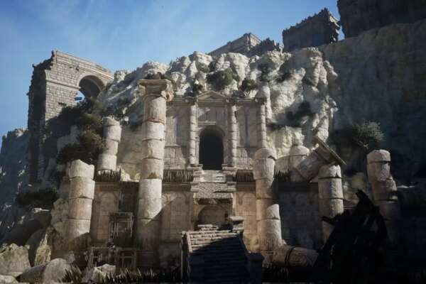 An ancient structure resembling Roman architecture on the side of a cliff. This is the Falesia Magna region in Enotria: The Last Song