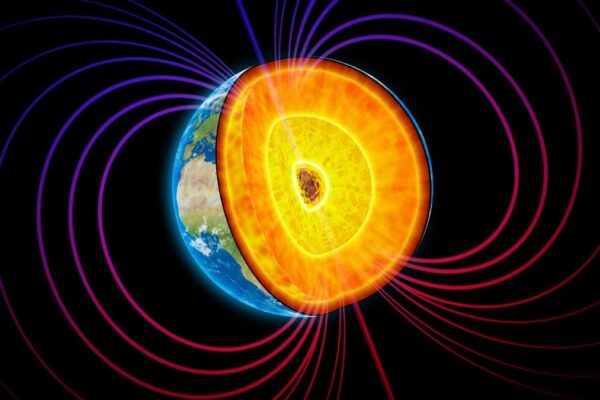 Earth cut-away with visible iron core and the magnetosphere.