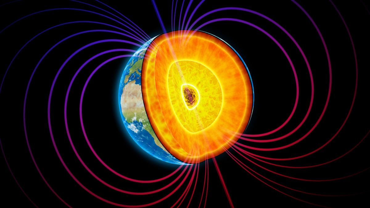 Earth cut-away with visible iron core and the magnetosphere.