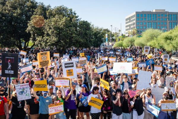 The crowd at the pre-negotiations Animation Guild rally at IATSE Local 80 in Burbank on August 10.