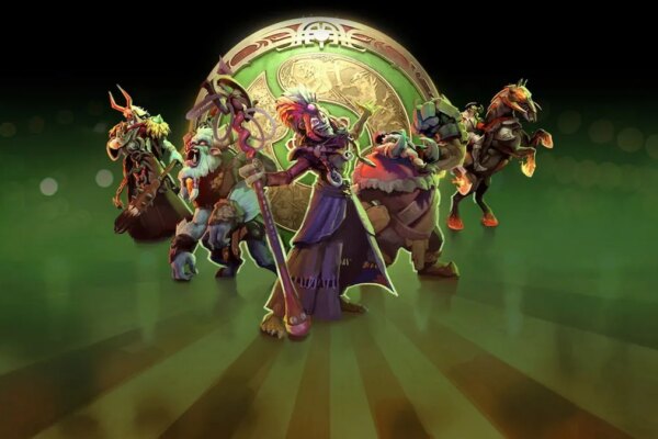 Five Dota 2 heroes, all champions at TI 2023, stand in front of the banner for TI 2024.