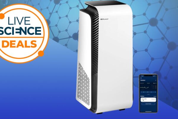 A BlueAir Protect 7470i air purifier on a blue background, with a sticker reading LiveScience Deals.