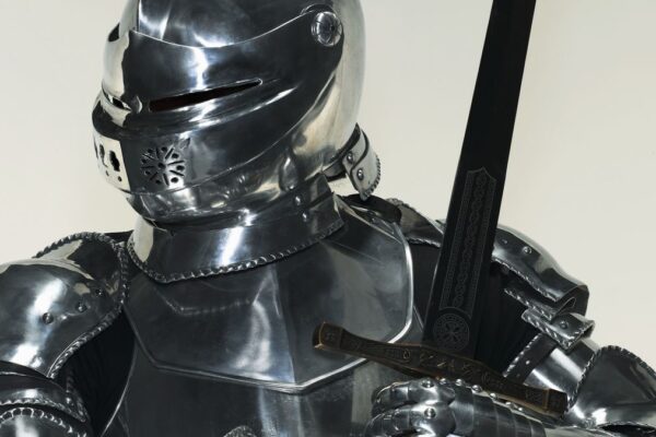 An image of a shiny medieval knight-style suit of armor