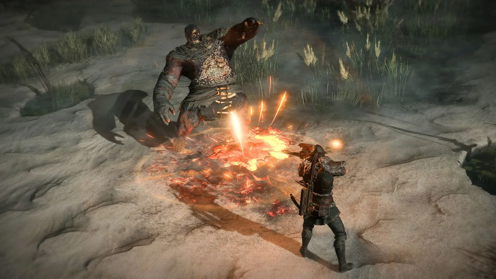 Mercenary in Path of Exile 2 firing a flaming crossbow at an enemy in a sandy location.