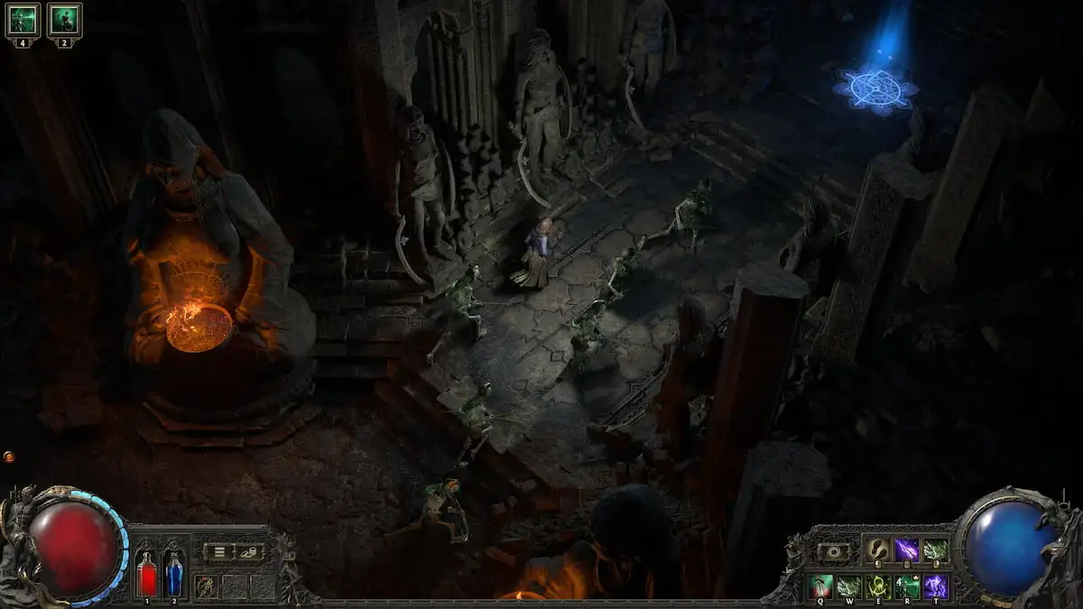 A Witch walks through a somber dungeon in Path of Exile 2 with an army of undead in tow.