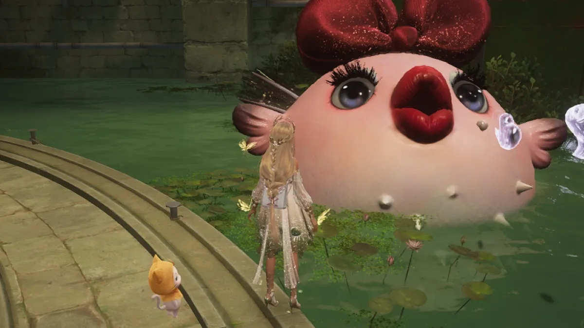 giant pink monroefin boss with red lips and a bow in infinity nikki