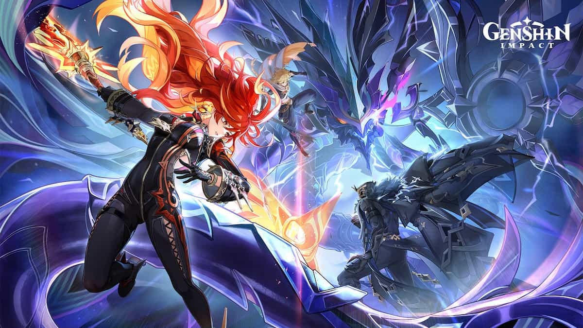 An image from Genshin Impact of the Incandescent Ode of Ressurection artwork, that features Mavuika, Aether, and Capitano facing off against an evil dragon from the Abyss.