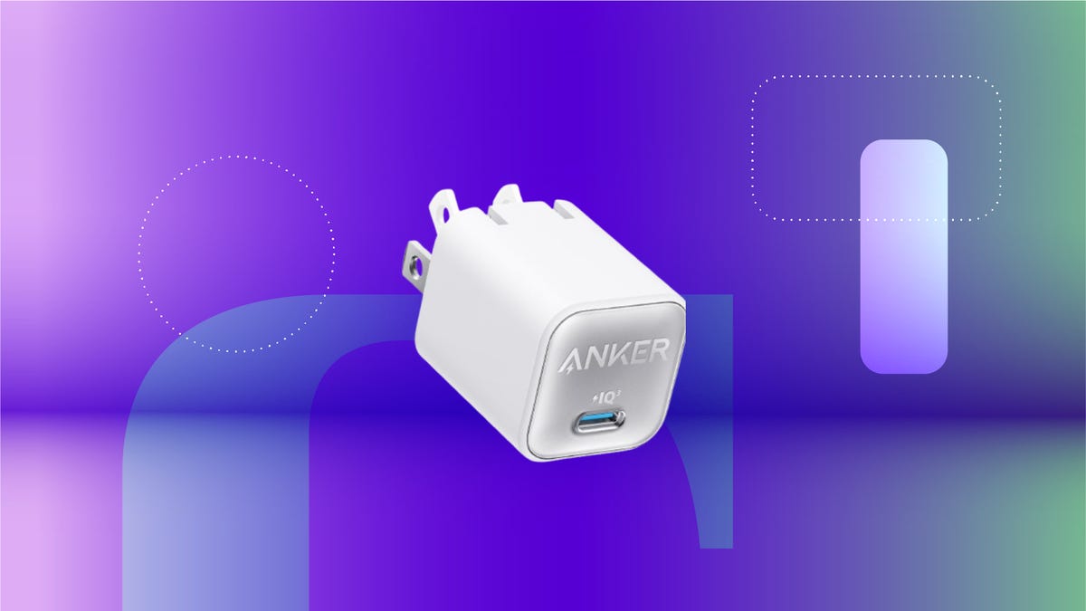 White nano charger displayed against a gradient purple and green background.