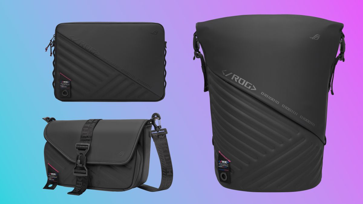 Three of Asus ROG's fourth generation Slash bags float in a blue-magenta gradient void. The backpack, sling bag, and sleeve all feature a black all-over colourway with an indent design on the bottom left corner of each bag that looks a bit like tire tracks.