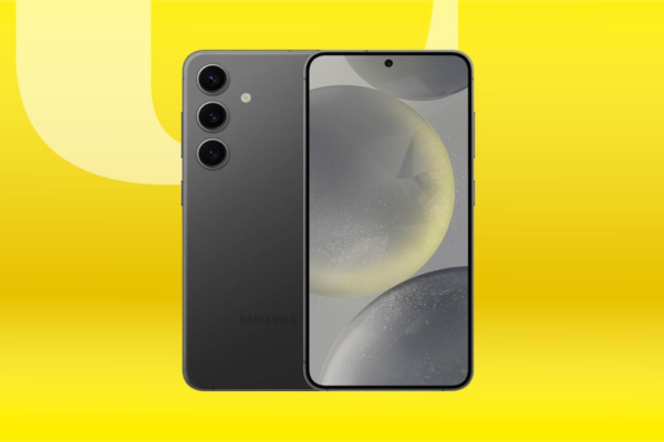 A dark gray Samsung smartphone with three back cameras and moon wallpaper on the screen. Background: yellow gradient.