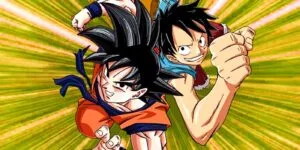 Goku y Luffy saltan hacia la pantalla juntos